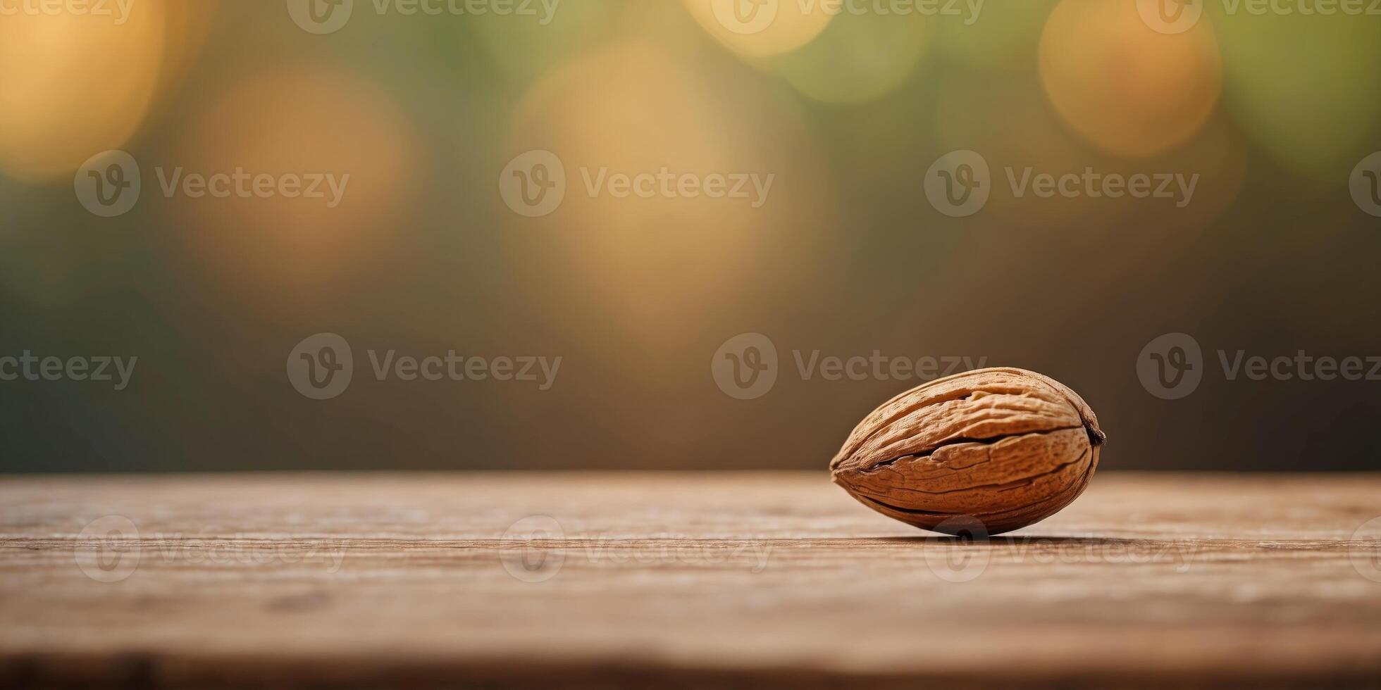 Macro Shot of Solitary Almond on Rustic Wooden Surface with Blurred Background. photo