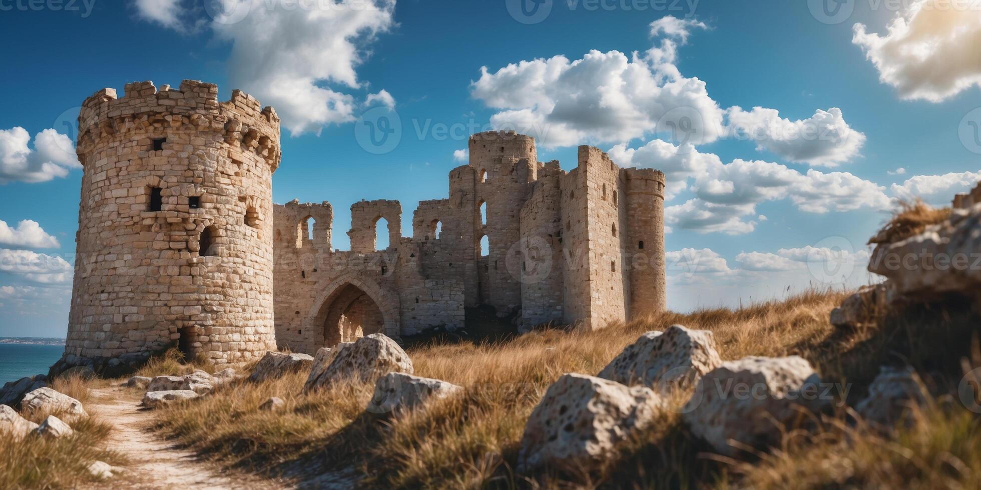 Ruins of a medieval castle by the seaside under a clear blue sky with fluffy clouds. photo
