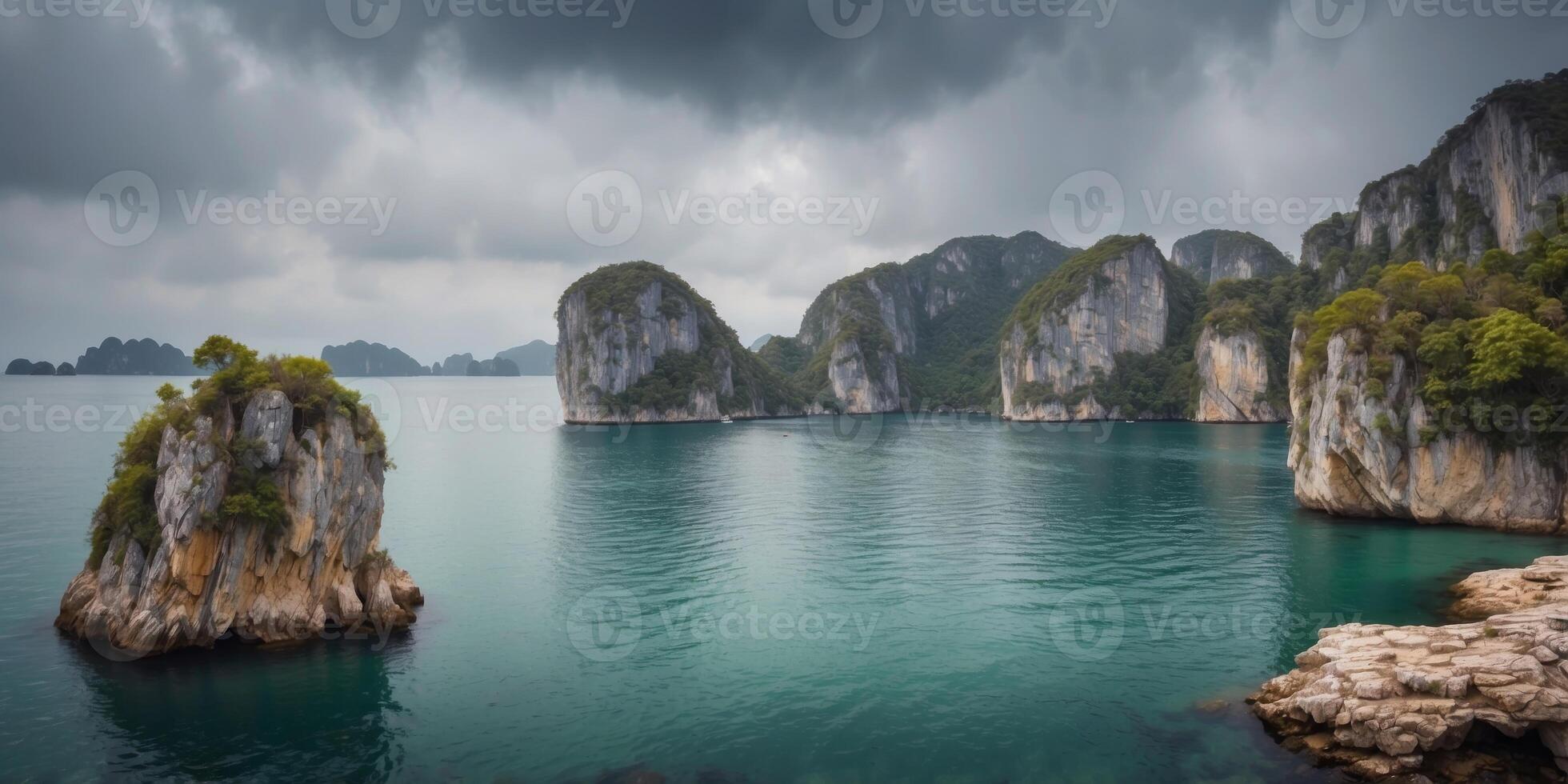 beautiful view of the sea bay with karst limestone islets and cliffs on a cloudy day. photo