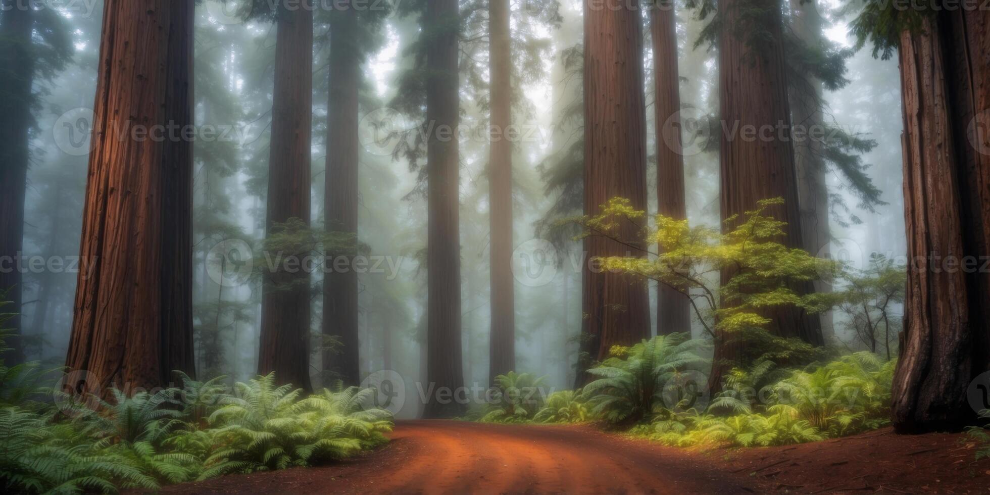 Ancient redwood forest in misty morning light. photo