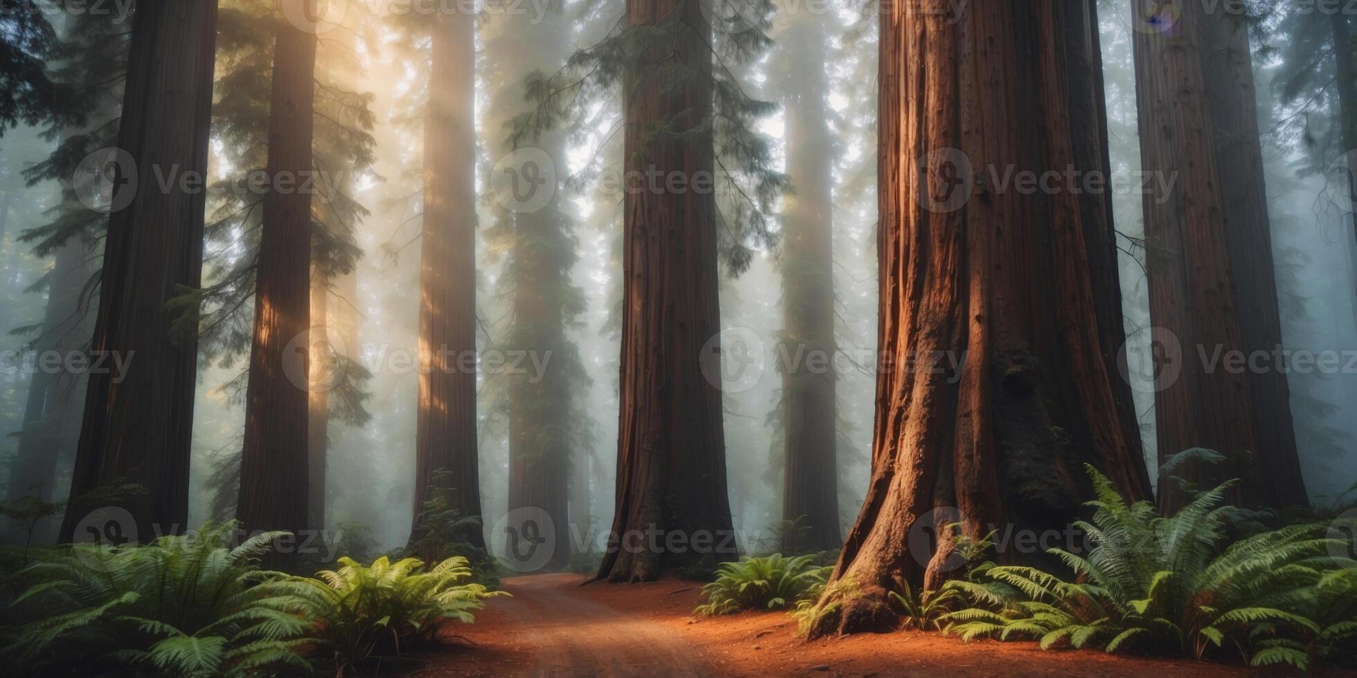 Ancient redwood forest in misty morning light. photo