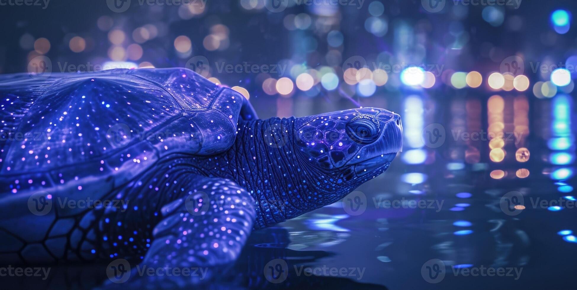 Closeup of a bioluminescent leatherback sea turtle its normally iridescent shell dulled by the artificial light pollution of the city skyline. The creature seems lost as i photo