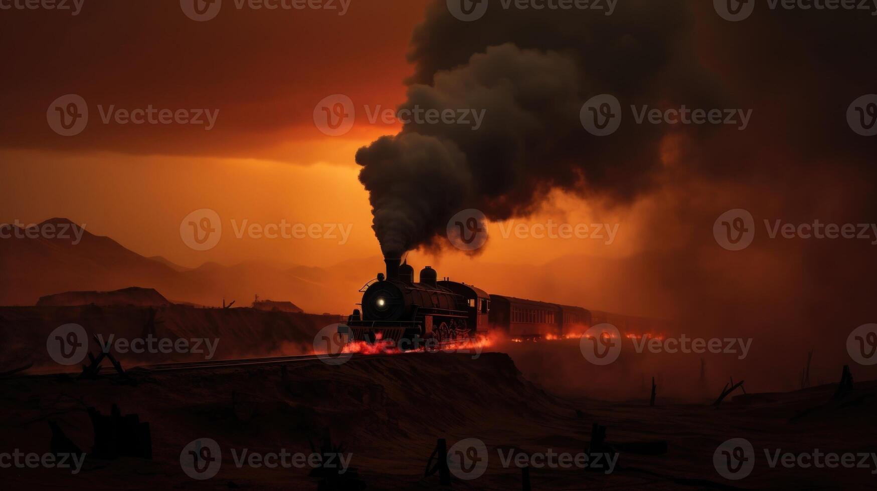 The sun struggles to shine through the dense layer of smoke, casting an eerie red glow over the scorched land. photo