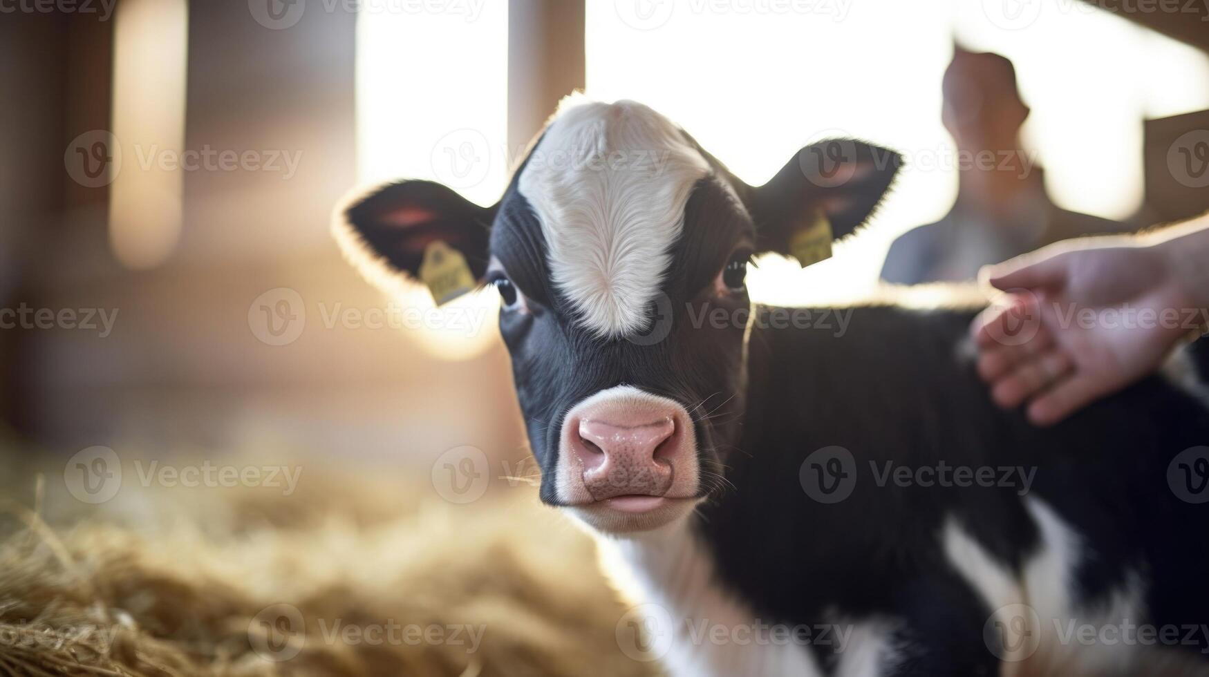 A dairy farm worker checking on a newly born calf, the result of successful IVF techniques used to produce a highquality offspring with desirable traits. photo