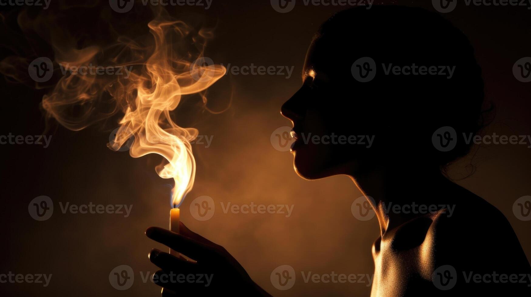A silhouette of a person blowing out a candle, the smoke from the wick highlighted against the background. photo