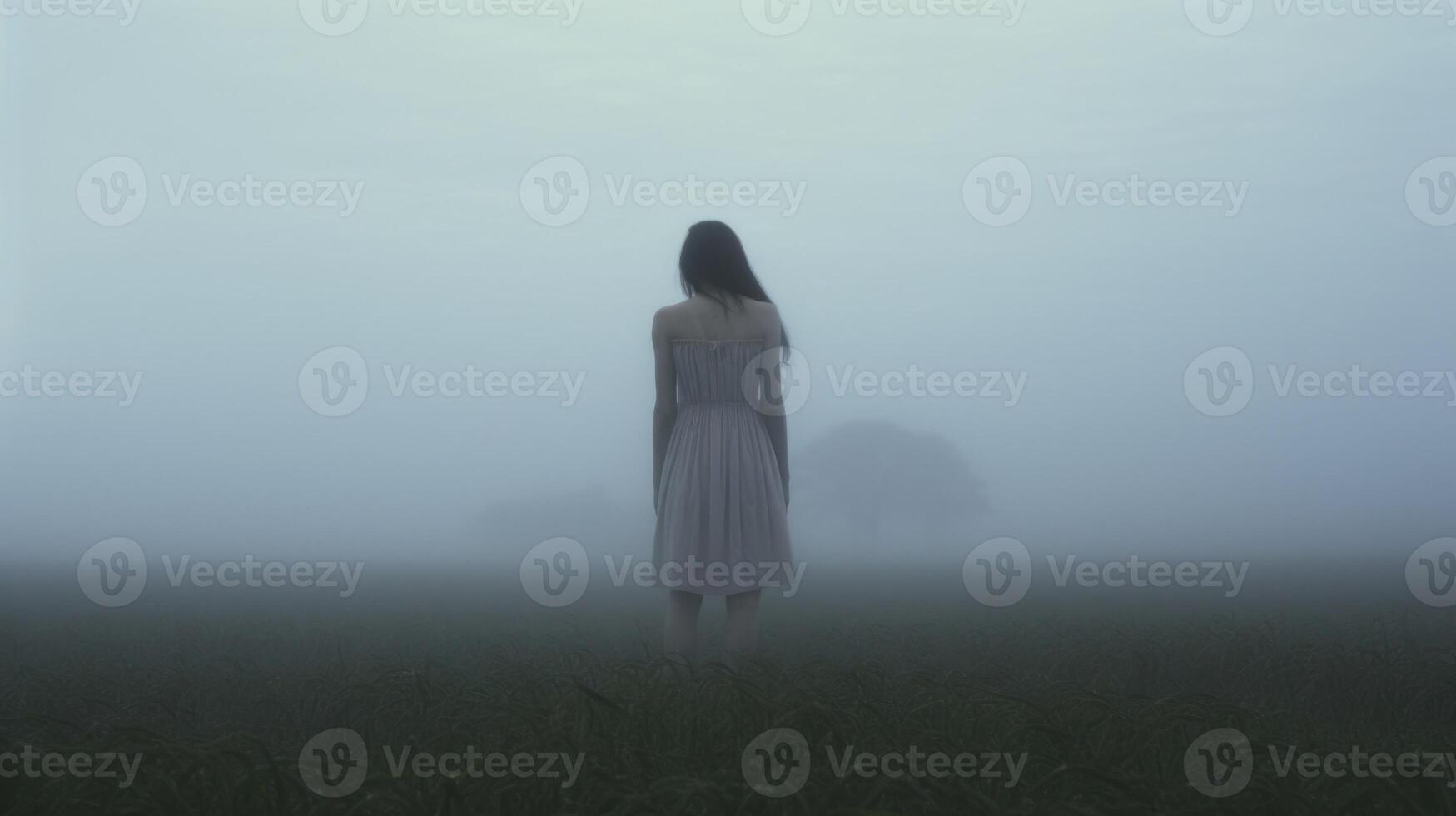 A woman stands in a field, her body engulfed by the dense fog as she stares off into the unknown. photo