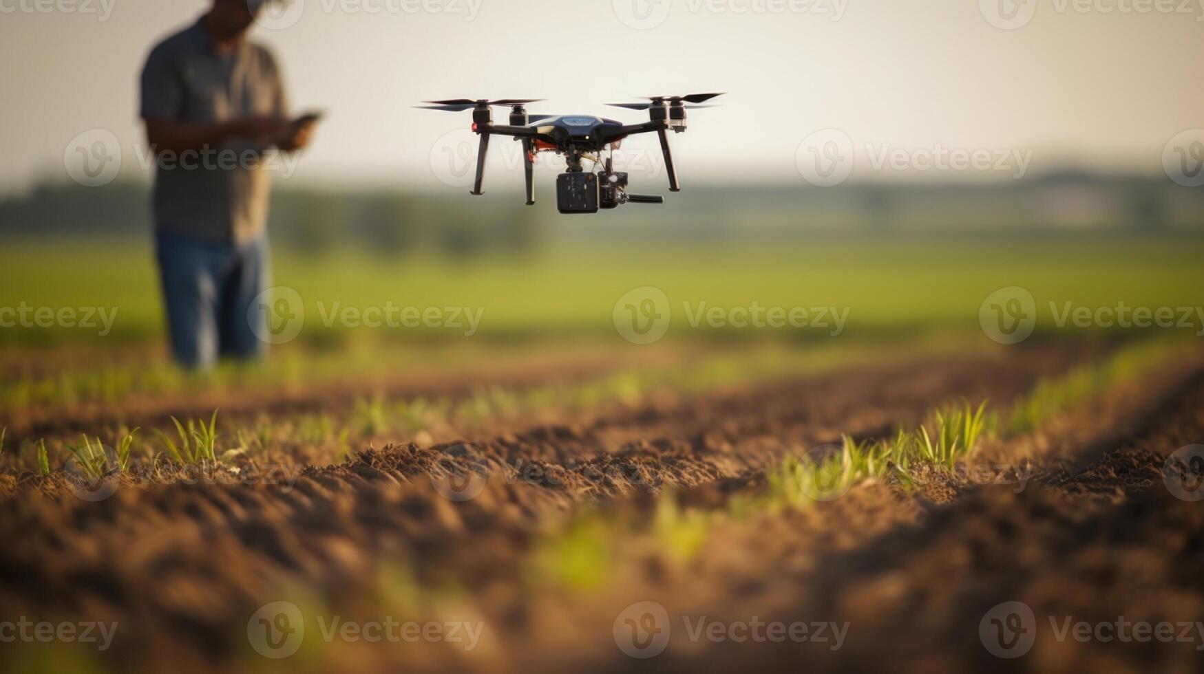 A birdseye view shows a farmer remotely operating a drone, using precision technology to precisely plant every seed and optimize crop spacing in agriculture operations. photo