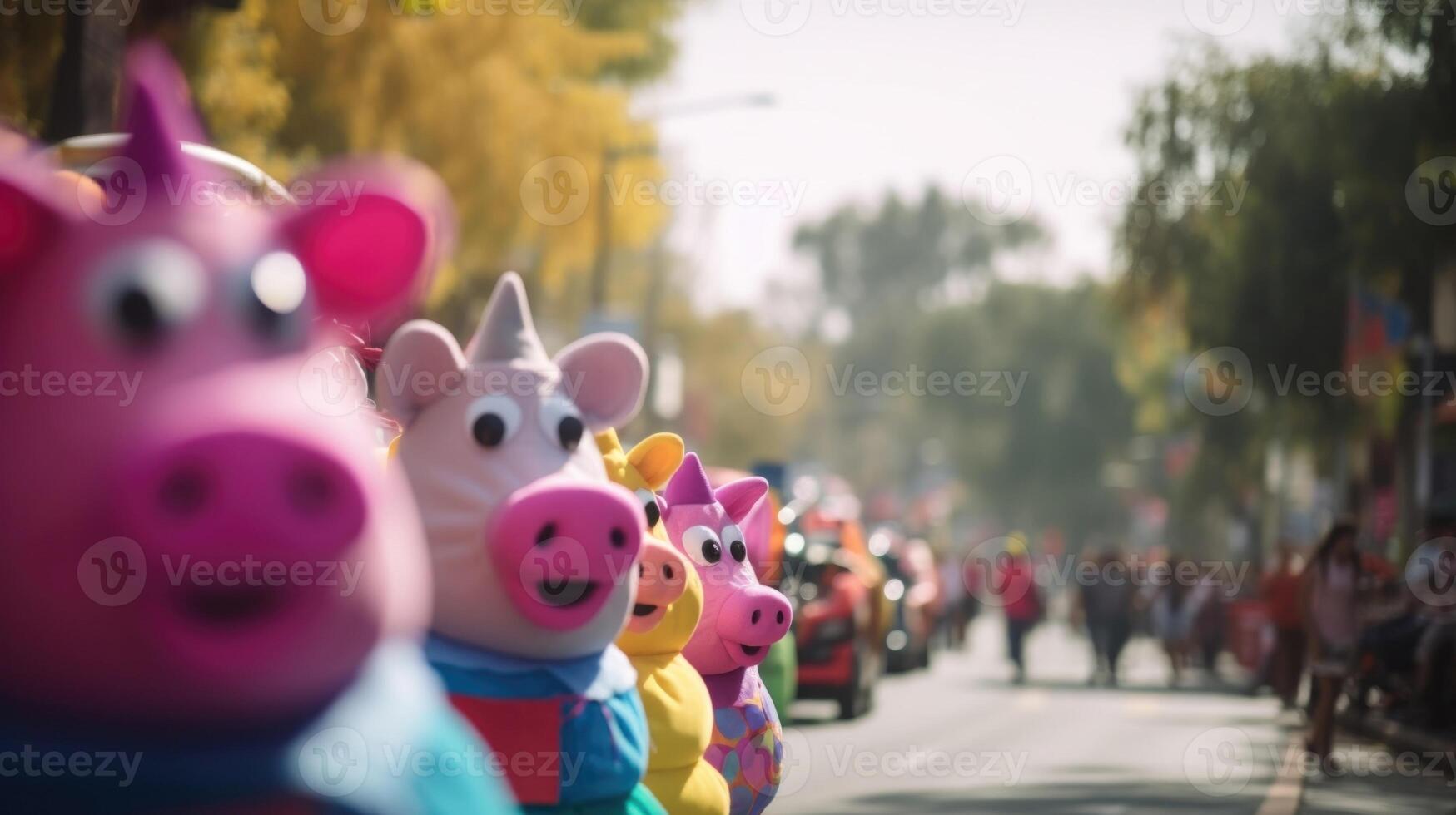 A colorful parade floats through the streets, with people dressed up as their communitys beloved farm animals to celebrate the annual Harvest Festival. photo