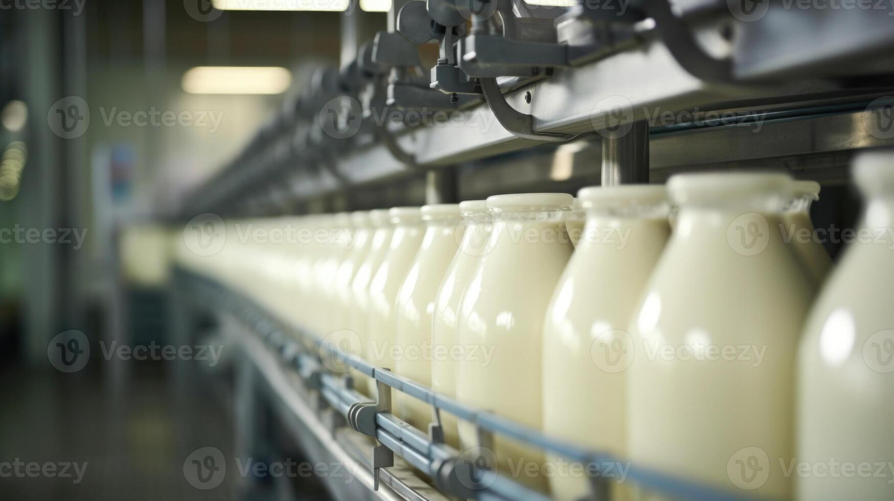 A behindthescenes view of a milk processing plant, with conveyor belts moving gallons and gallons of milk through various stages before it reaches store shelves. photo