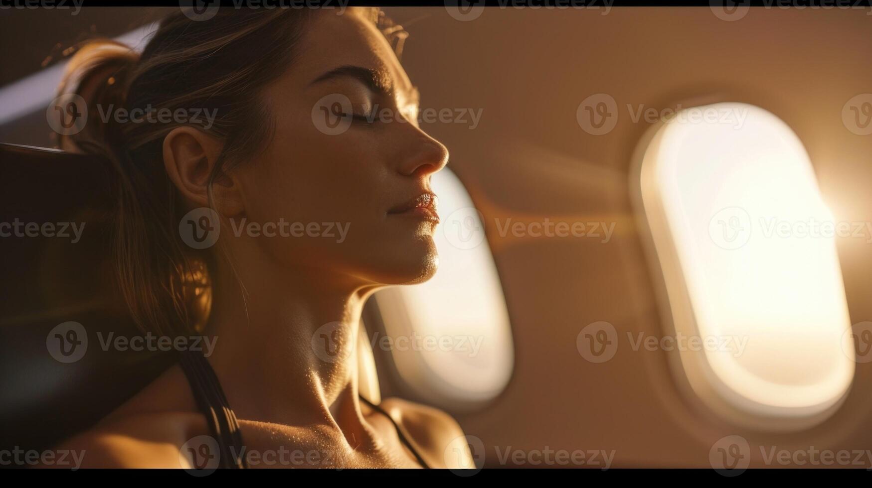 The warm glow of the setting sun highlights the focused determination on the face of the yoga instructor as she holds a challenging pose inside the sleek and modern private jet. photo