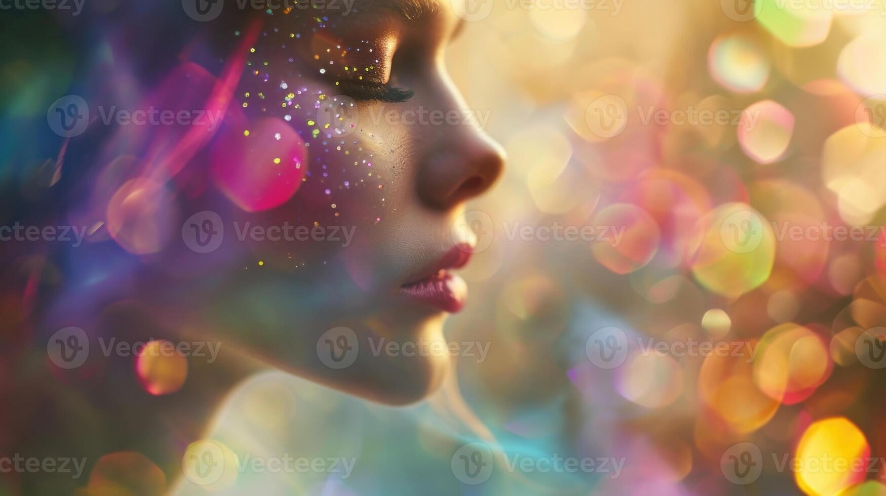A womans profile, her face adorned with delicate rainbowcolored crystals, giving the impression of a veil of lustrous, ethereal mist surrounding her. photo