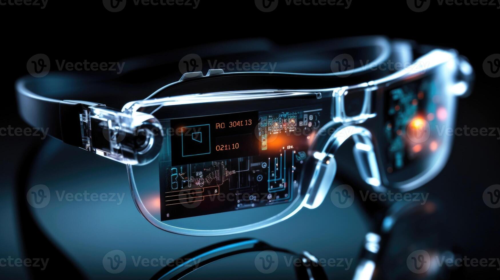 The fusion of virtual and real A closeup of a pair of glasses displaying a virtual interface, illustrating the potential of augmented reality to enhance our daily lives. photo
