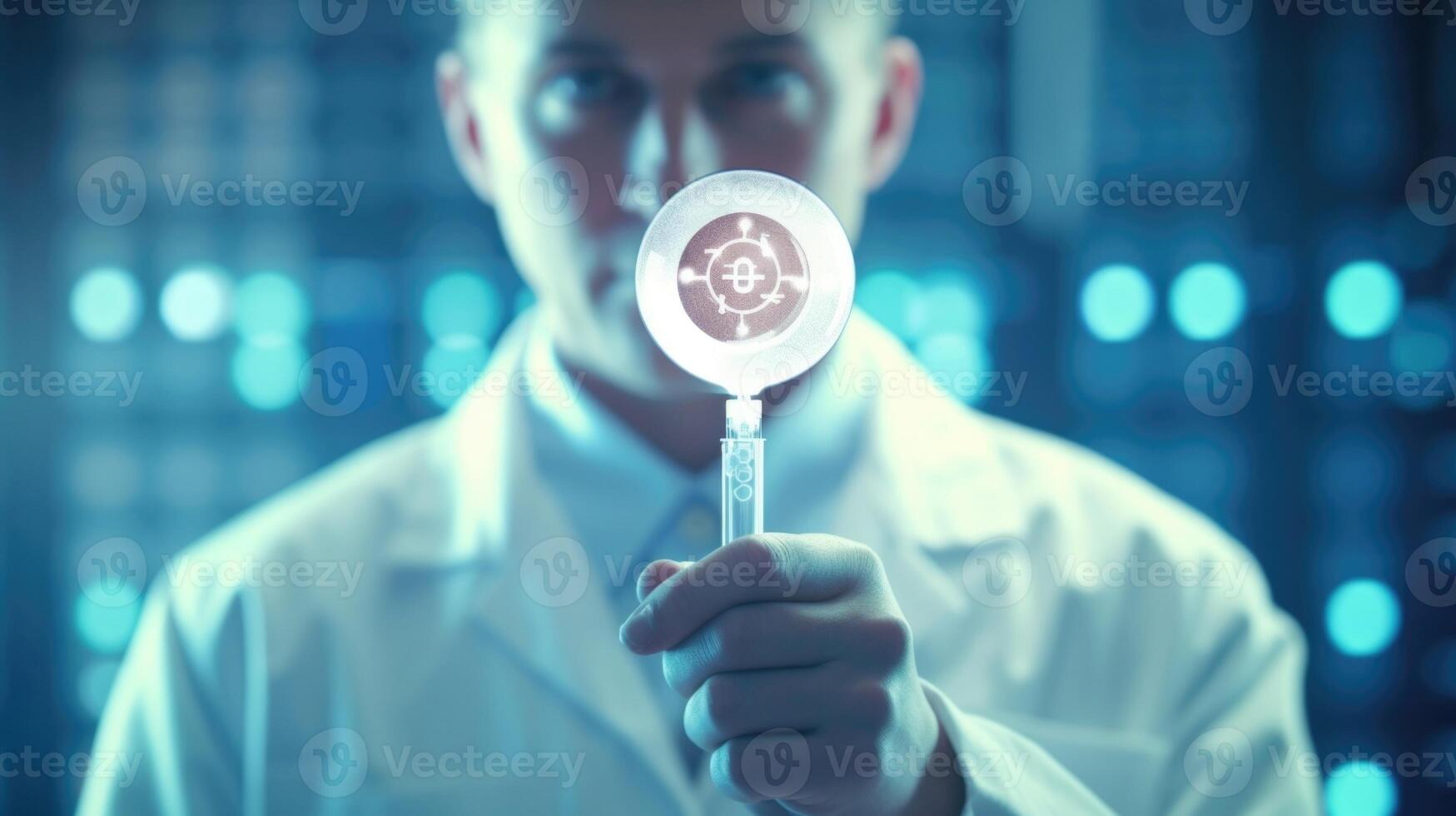 A closeup shot of a scientist in a lab coat holding a test tube with an embryonic sample, with a thought bubble above their head depicting a question mark and the words Is embryo use in photo