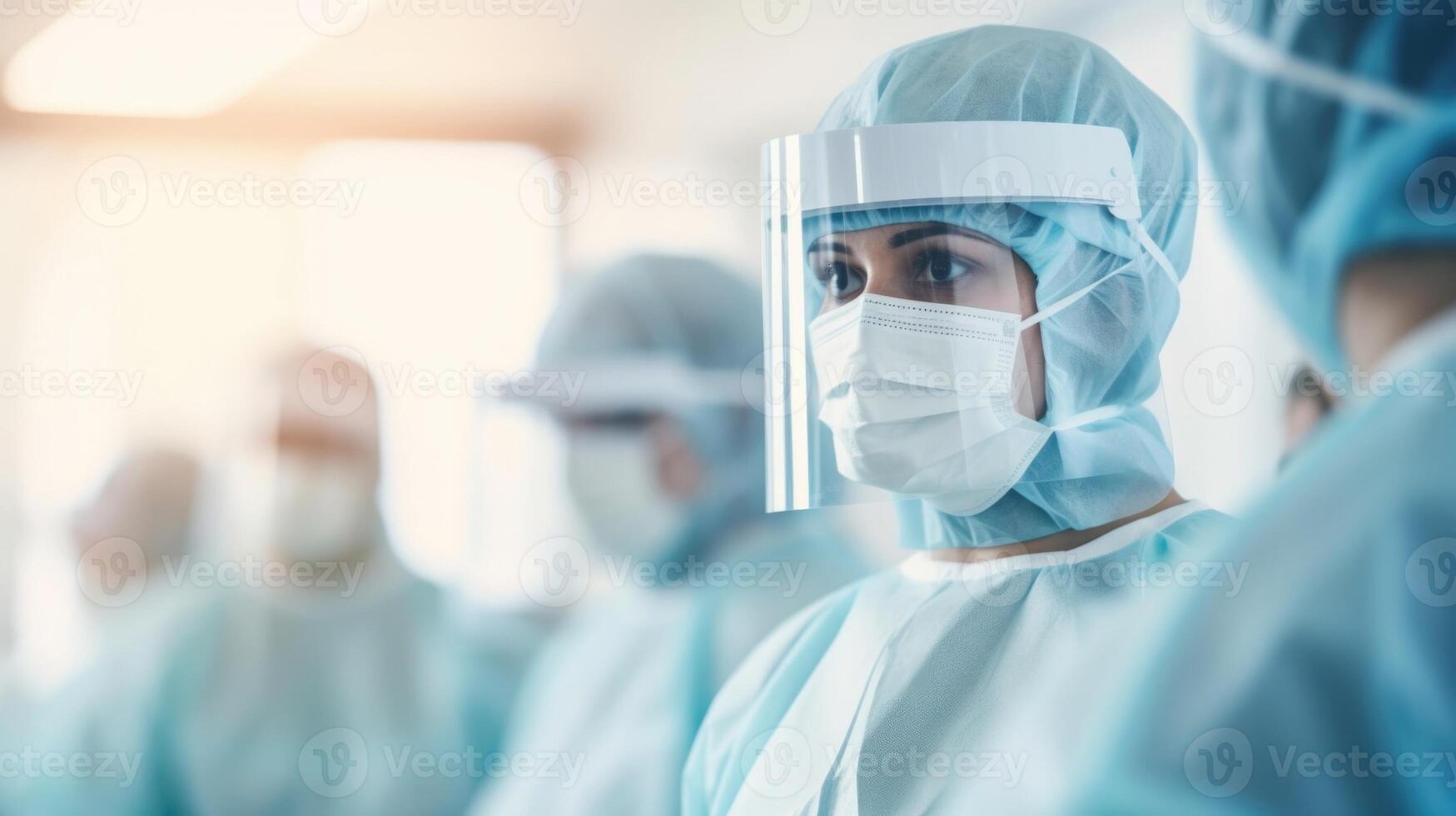 A team of doctors and nurses in a hospital don their personal protective equipment before entering a quarantined ward, taking all necessary precautions to stop a disease outbreak from photo