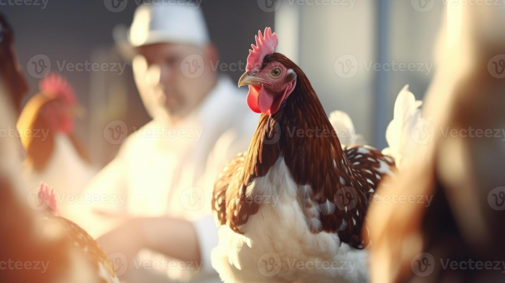 With a calm and compassionate demeanor, the vet conducts a thorough examination of a group of chickens, ensuring they are in good health. photo
