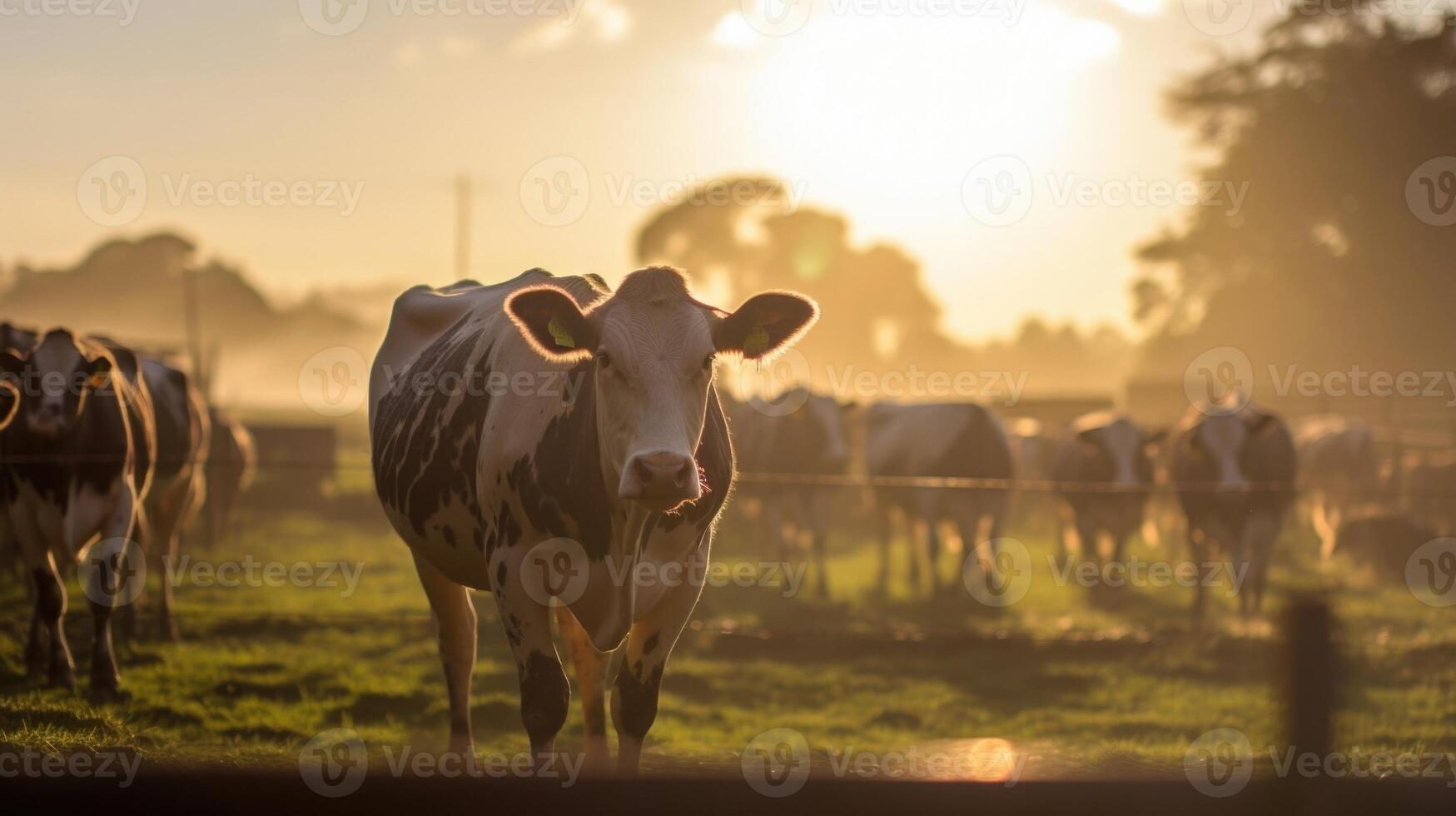 The tranquil morning scene on the dairy farm is complete with the sun rising over the horizon, illuminating the cows as they peacefully graze on the vast open fields. photo
