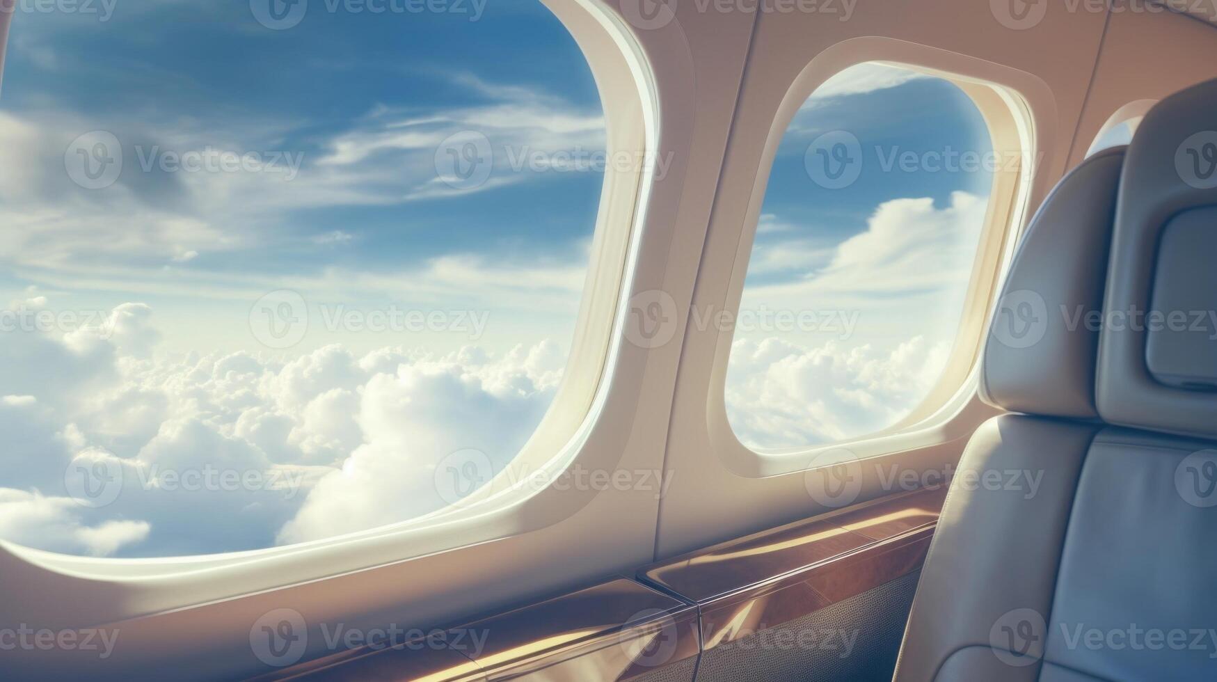 Travel in style and comfort, with the added bonus of a stunning cloudy sky view through the jet window, making your journey truly unforgettable. photo