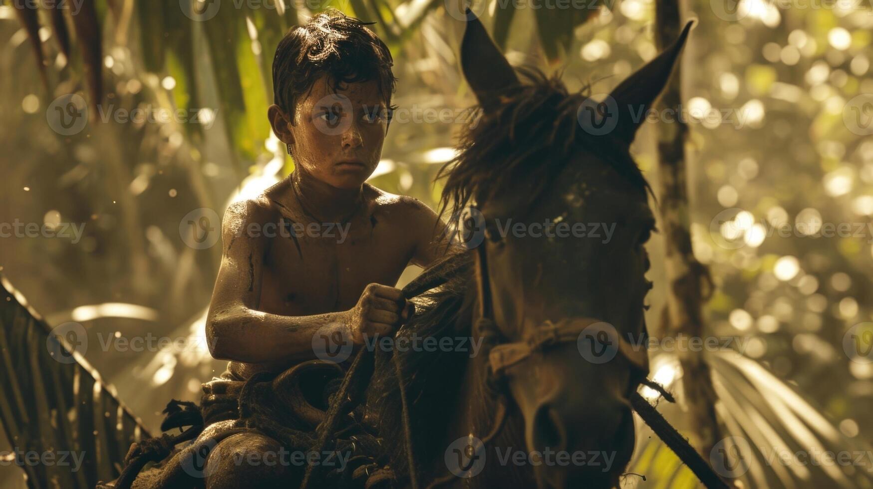 Closeup of a nomadic boy skillfully maneuvering his horse through a dense forest the trust between animal and rider evident as they navigate their way through the trees photo