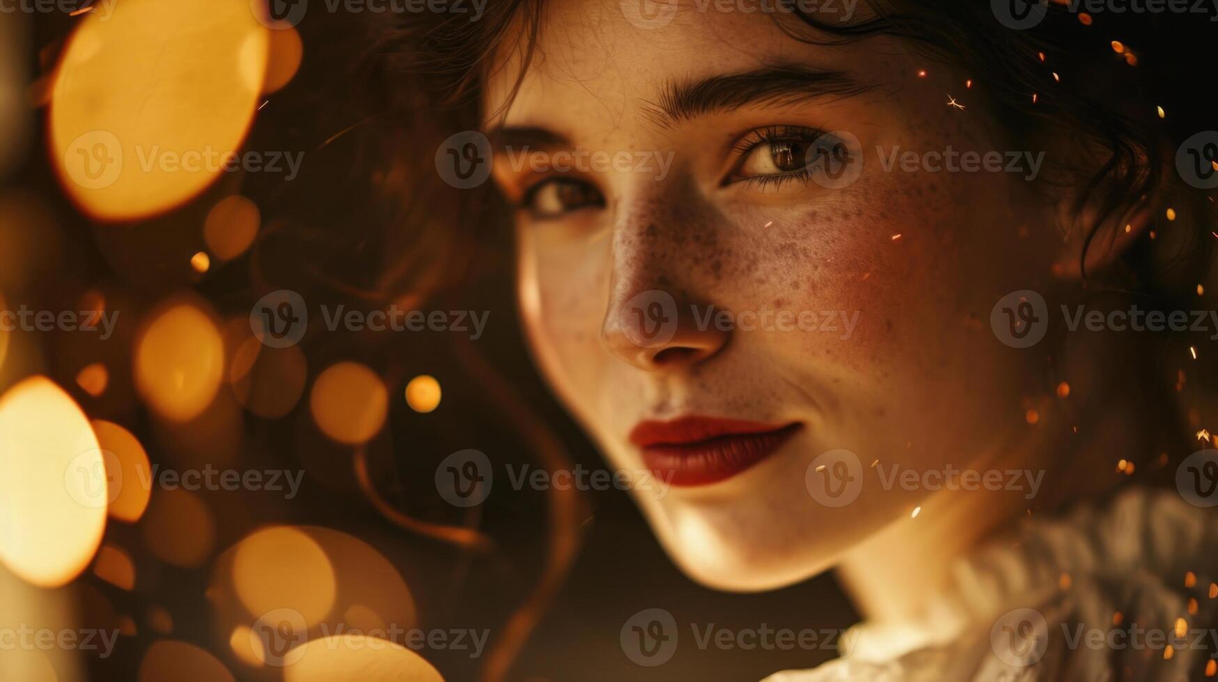 A portrait of a Victorian beauty with a hint of mischief in her smile, as antique sparks flicker playfully around her face. photo