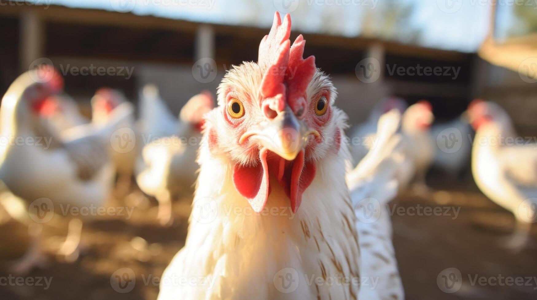 A closeup shot captures the curiosity and playfulness of freerange chickens as they explore their spacious barnyard home. photo