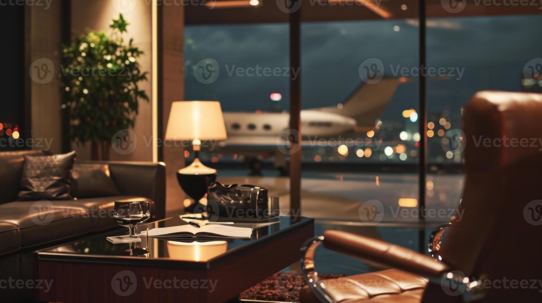 With the city lights shining below and the private jet soaring above, this business suite offers a tranquil setting for productive work or simply admiring the urban landscape from a birds photo