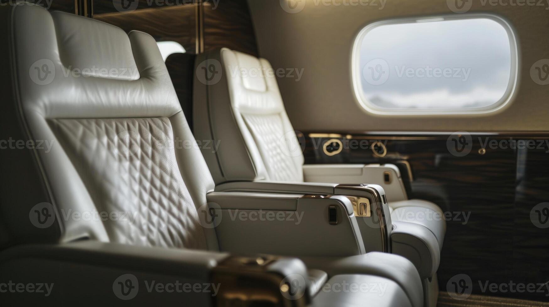 Fly in style and comfort with this private jets bespoke seating options. The sleek and modern design of the seats is enhanced by the natural light filtering through the overcast skies photo
