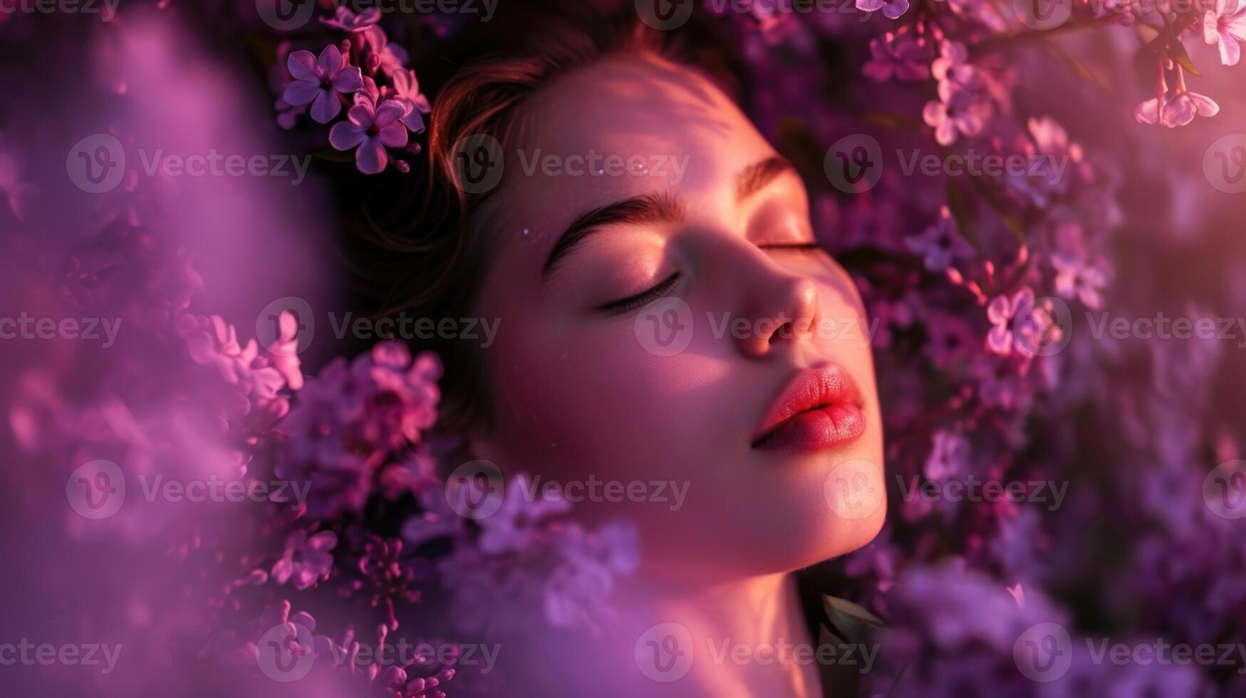 A woman with a radiant, ethereal glow, surrounded by a sea of purple blooms, her eyes closed in blissful contentment. photo