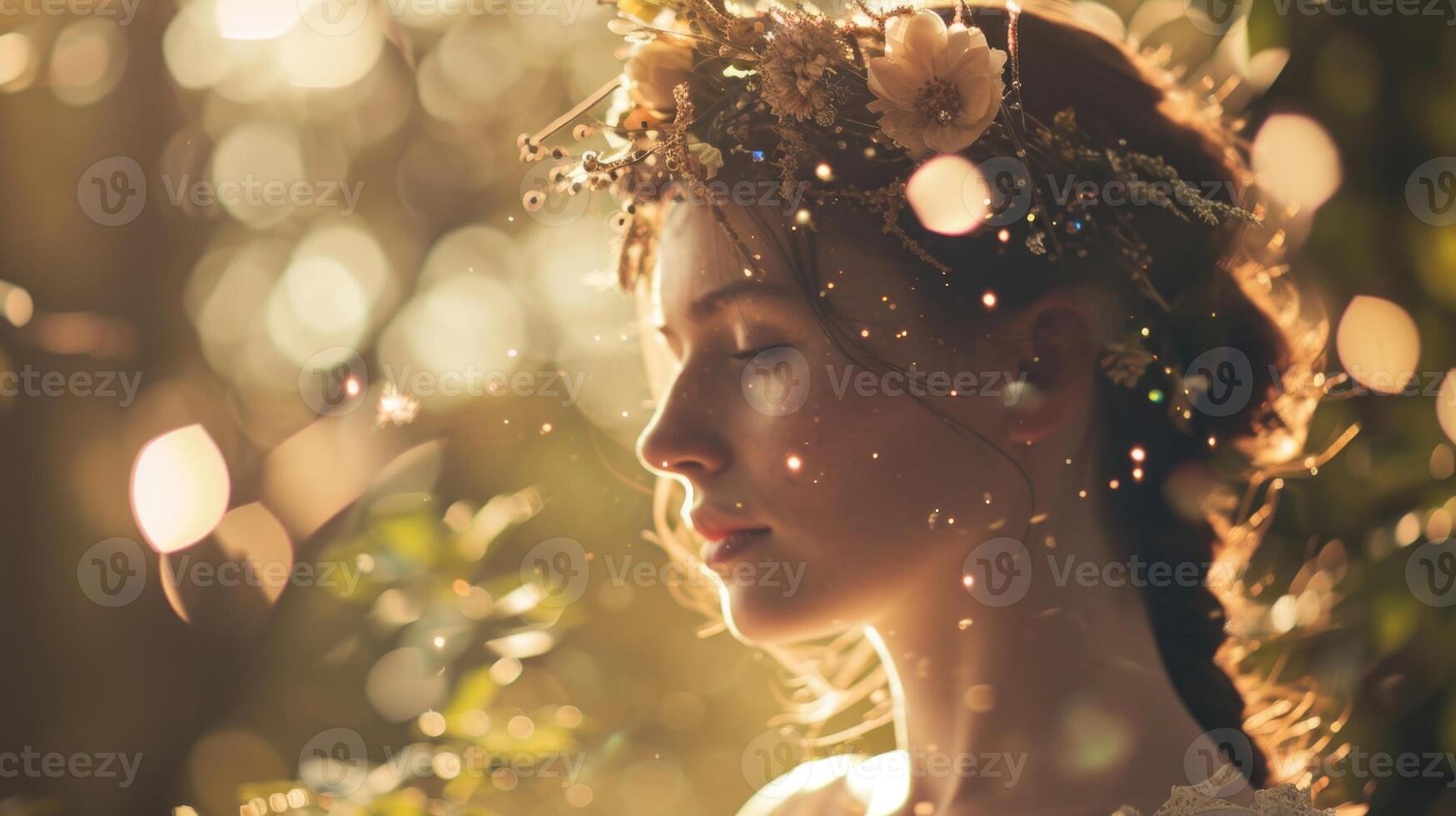An ethereal shot of a woman with a flower crown and antique sparkles glistening in her hair, capturing the essence of a Victorian garden party. photo
