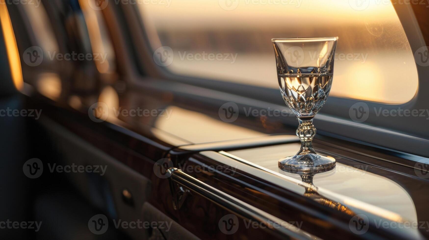 The jet window serves as a perfect backdrop for the delicate crystal glassware, offering a magnificent view of the serene river landscape below. photo