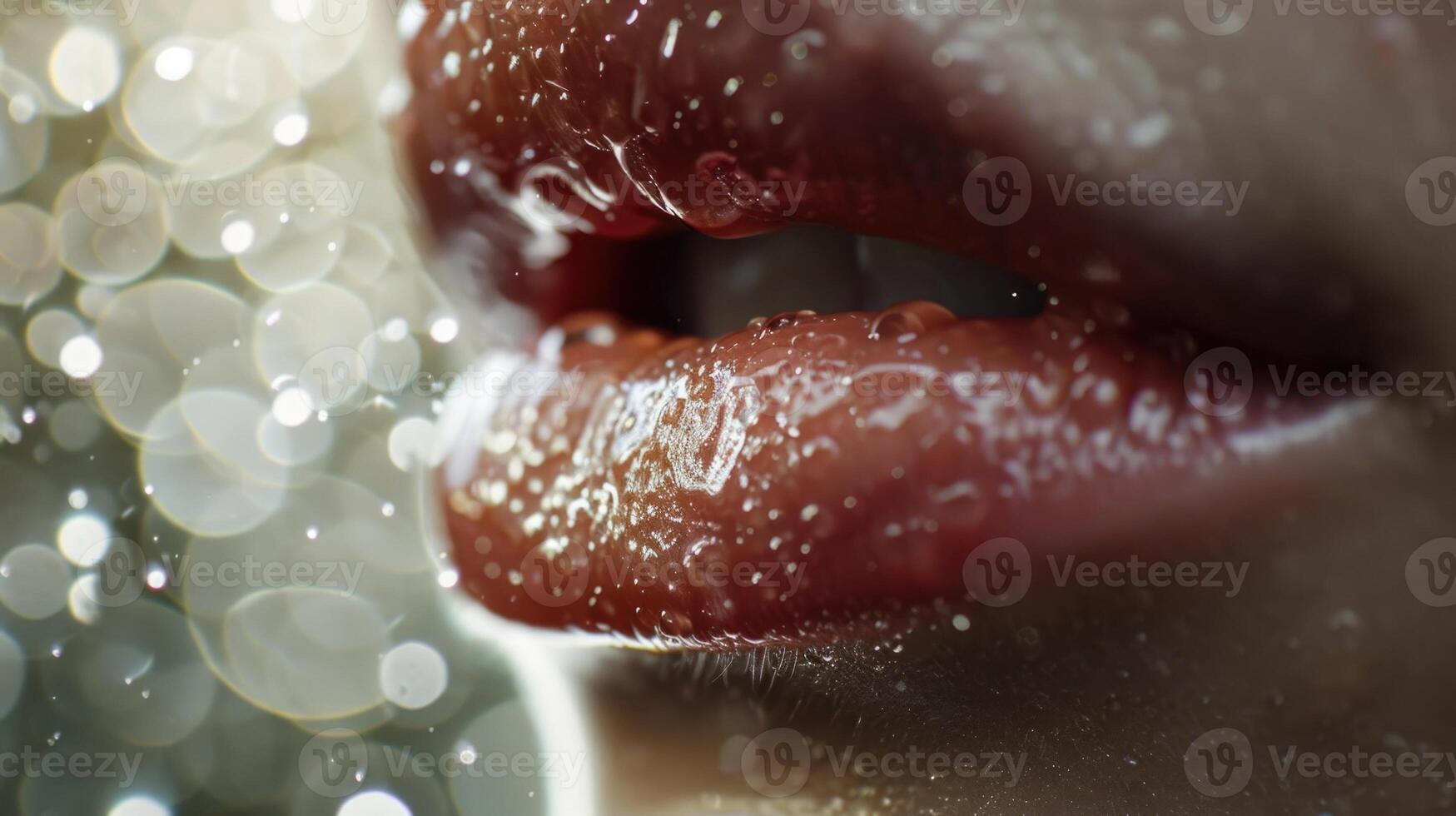 A closeup of a womans lips, glistening with the soft luminescent rain, giving them a plump and mesmerizing appearance. photo