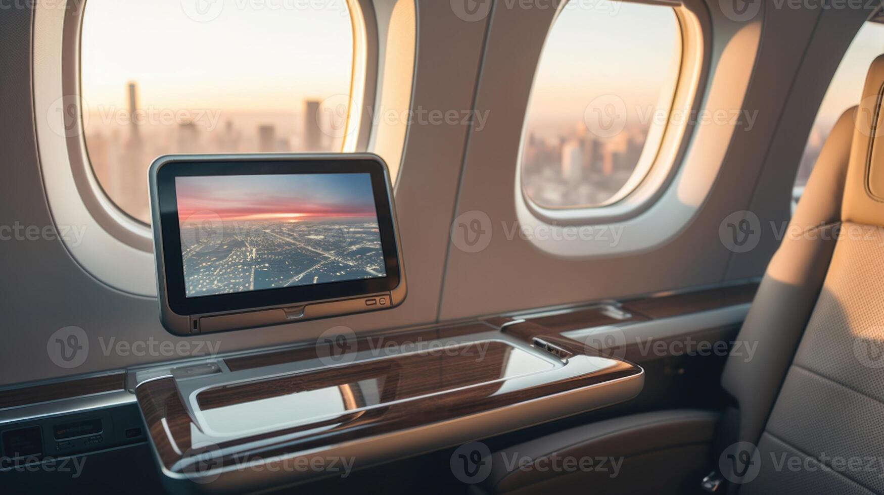 With the sleek city skyline in the background, this private jets inflight entertainment system boasts a sleek and modern design, delivering endless hours of entertainment during your photo