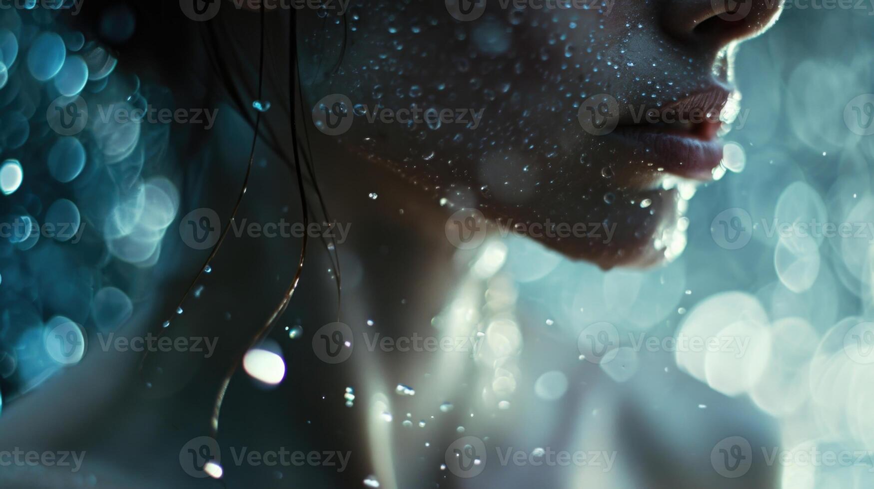 A closeup of the womans neckline, with the luminescent rain creating an intricate pattern on her skin, adding a delicate and mesmerizing touch to the portrait. photo