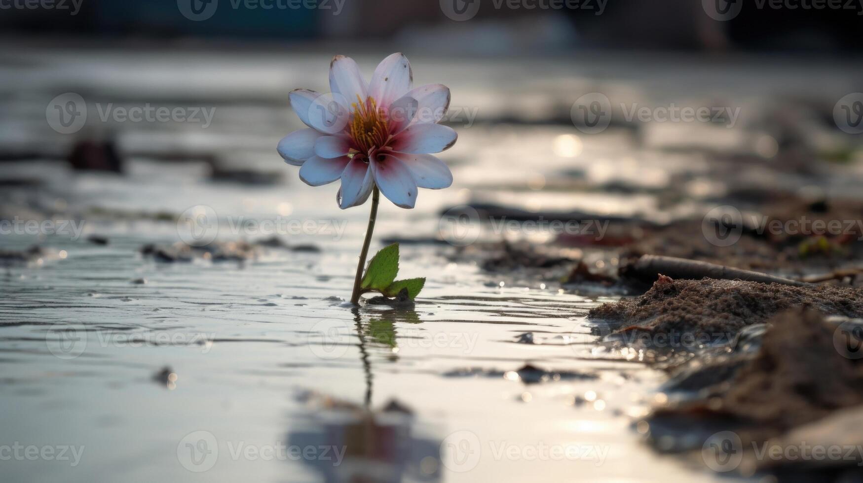 In the midst of the floods aftermath, a single, floating flower remains, a symbol of hope and resilience. photo