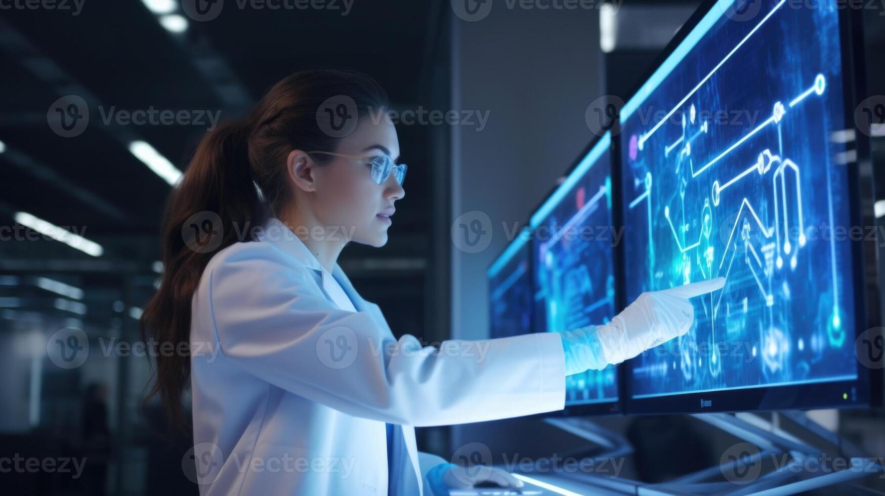 A laboratory scientist intently studying a diagram of genetic sequencing patterns on a hightech machine, complete with animated graphics and realtime analysis. photo