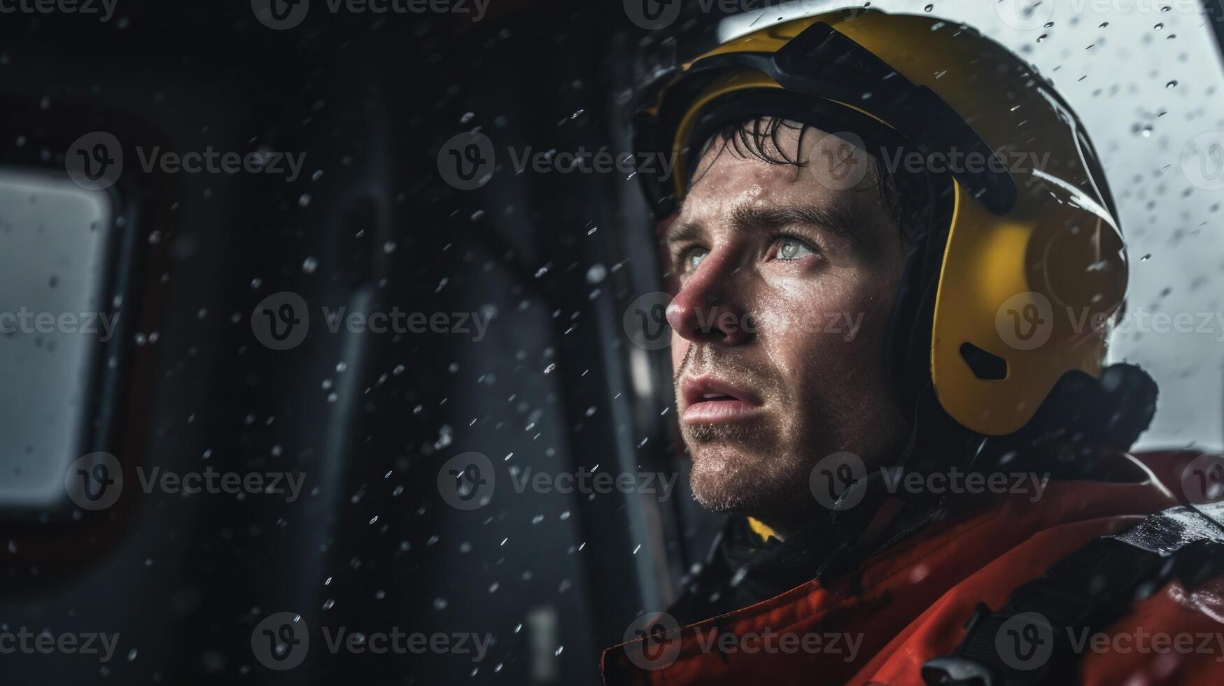 In the midst of a raging storm, a brave rescue worker gazes into the turbulent waters, their reflection a reminder of the risks they take to save lives. photo