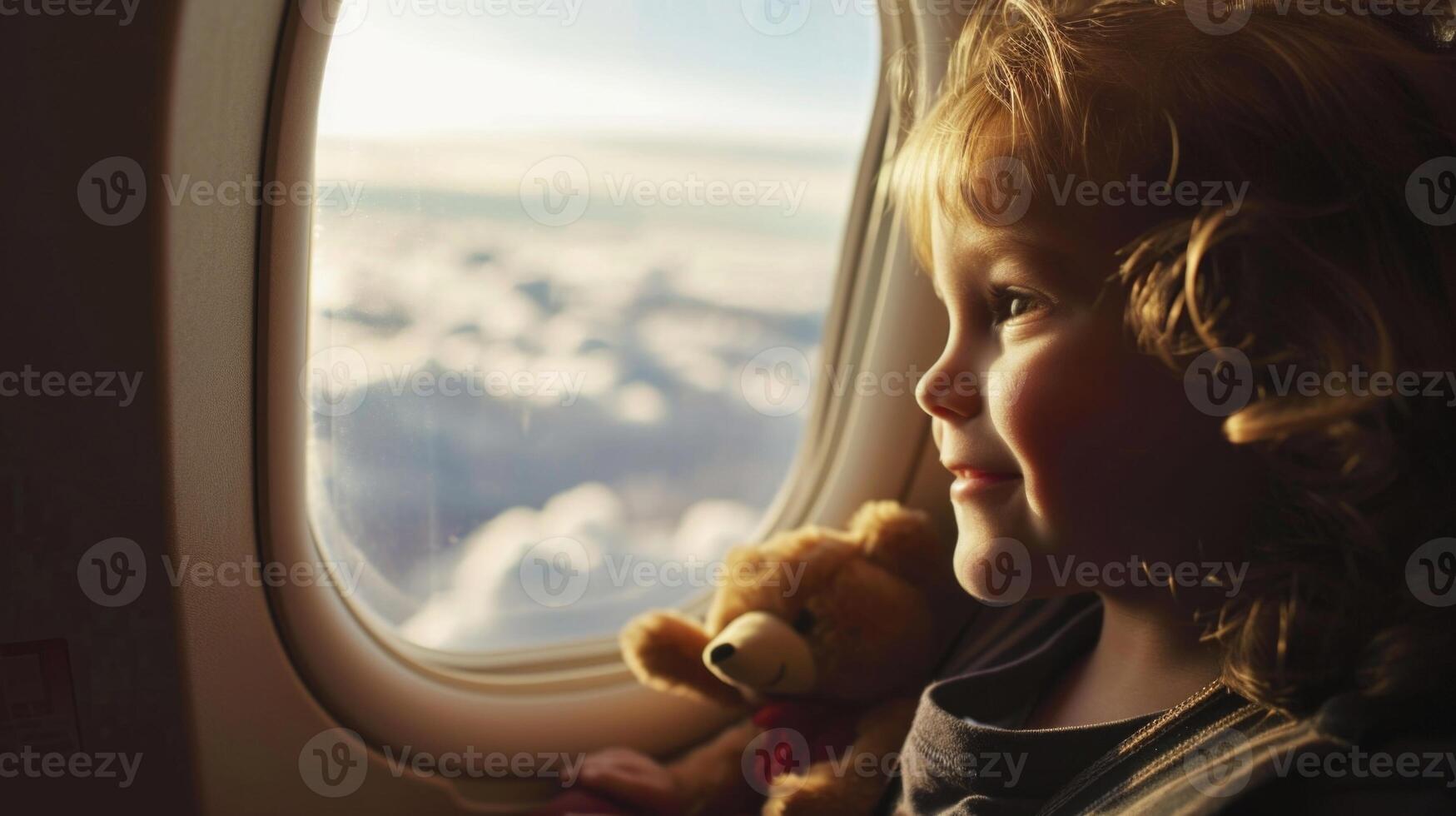 From their seat on the private jet, a child smiles in fascination as they watch their beloved toys explore the endless cloudscape outside the window. photo