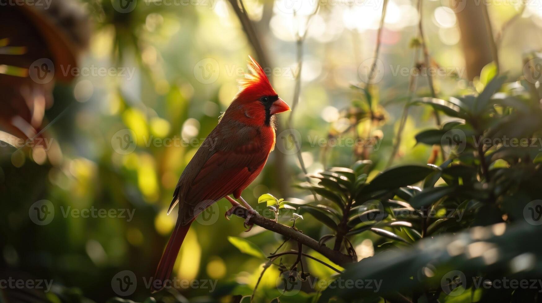 A person taking a leisurely stroll through a lush botanical garden, stopping to admire the vibrant plumage of a cardinal. photo