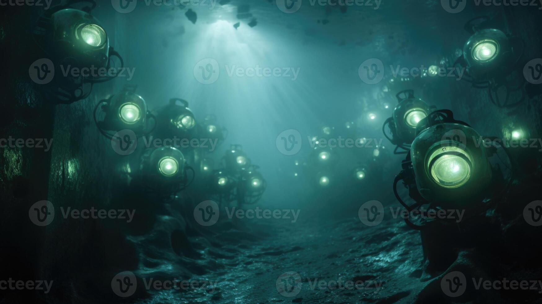 An eerie closeup of underwater headlights shining through the murk, creating an otherworldly atmosphere. photo