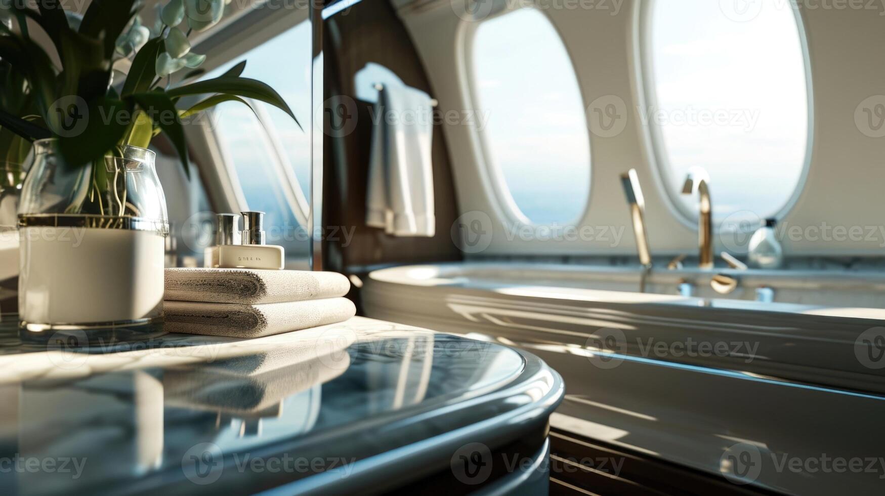 Indulge in a spalike experience on board with lavish bathroom features and a panoramic view of the sky from the private jet window. photo
