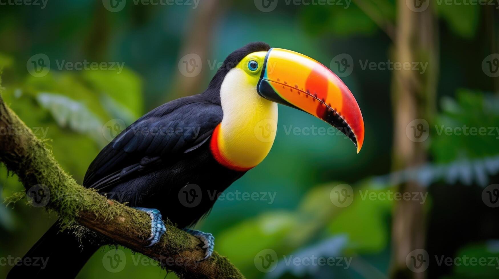 An upclose view of a colorful toucan perched in the canopy of a rainforest, a reminder of the vital role that birds play in seed dispersal and pollination within these biodiverse habitats photo