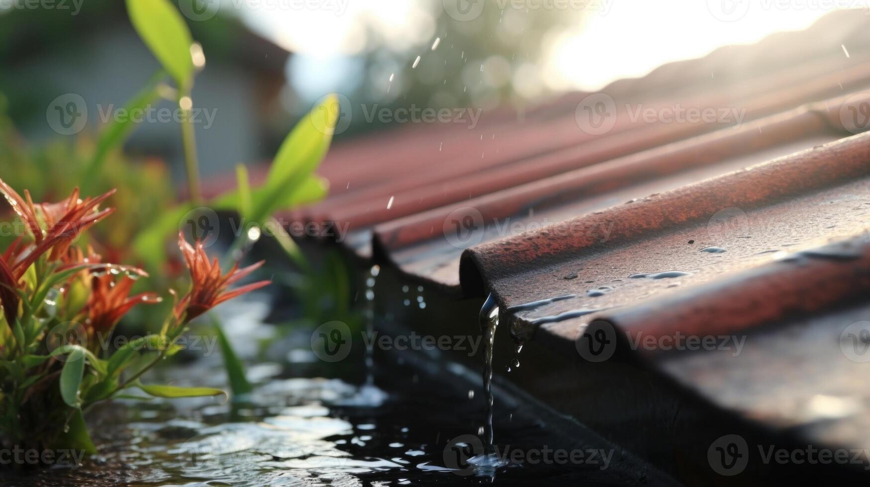 Mesmerizing closeup of rain gushing off a roof, revealing the beauty in the midst of a storm. photo
