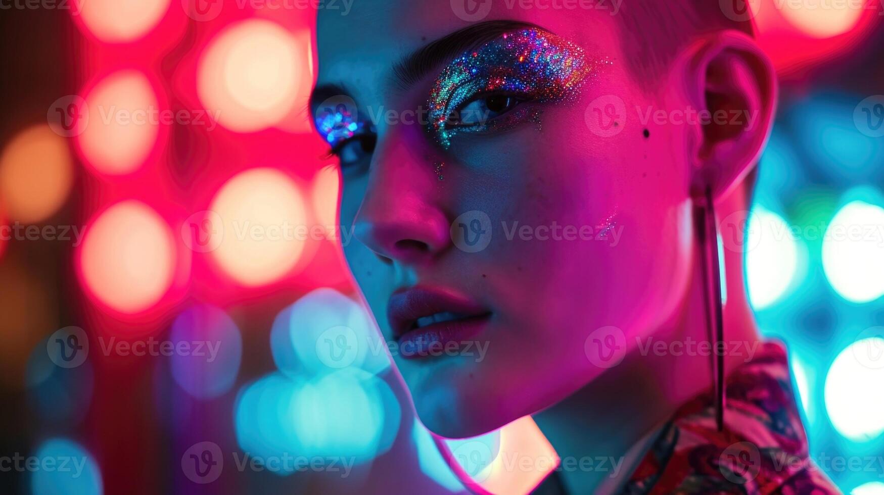 A portrait of a woman with a partially shaved head and a vibrant, holographic eyeshadow. Holographic sparks flicker from her metallic hair accessories, giving her a bold and rebellious photo
