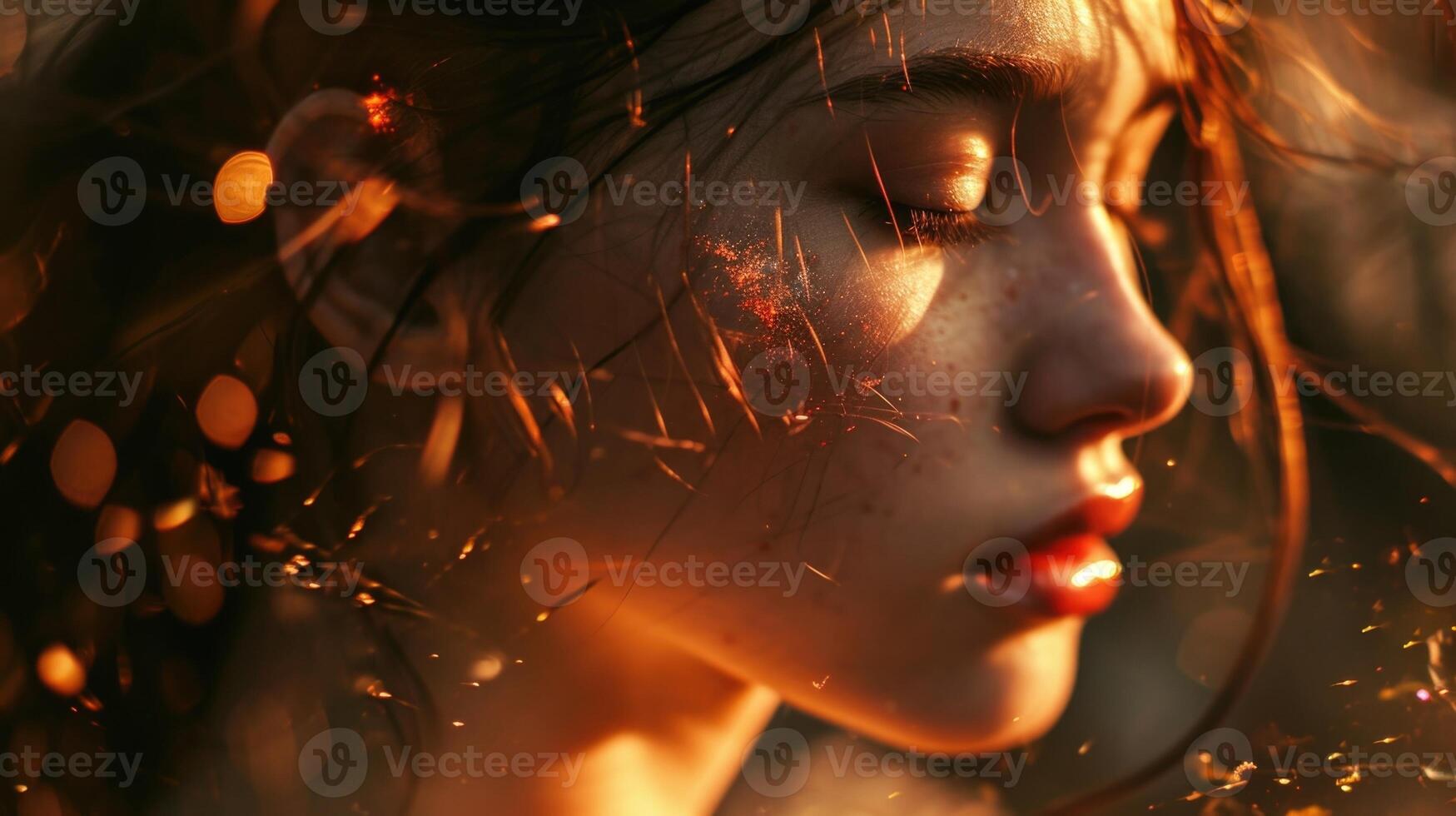 Soft and ethereal, with delicate fire particles dancing around her porcelain skin, giving off an otherworldly aura. photo
