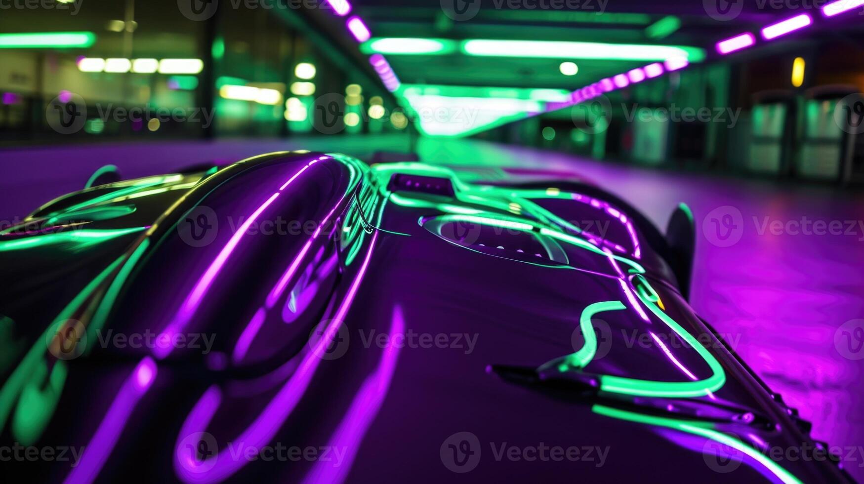 The words Speed Demon written in bright green neon wire on the hood of a neon purple racing car photo