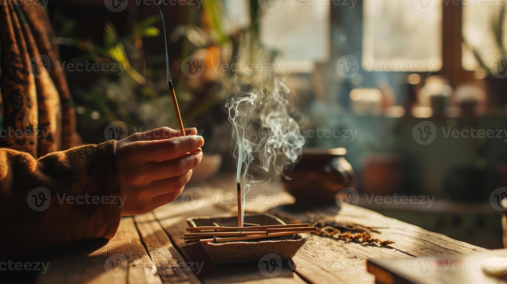 The gentle crackle of a woodsy scented incense stick as a person meditates, surrounded by the aroma of sandalwood and cedar. photo