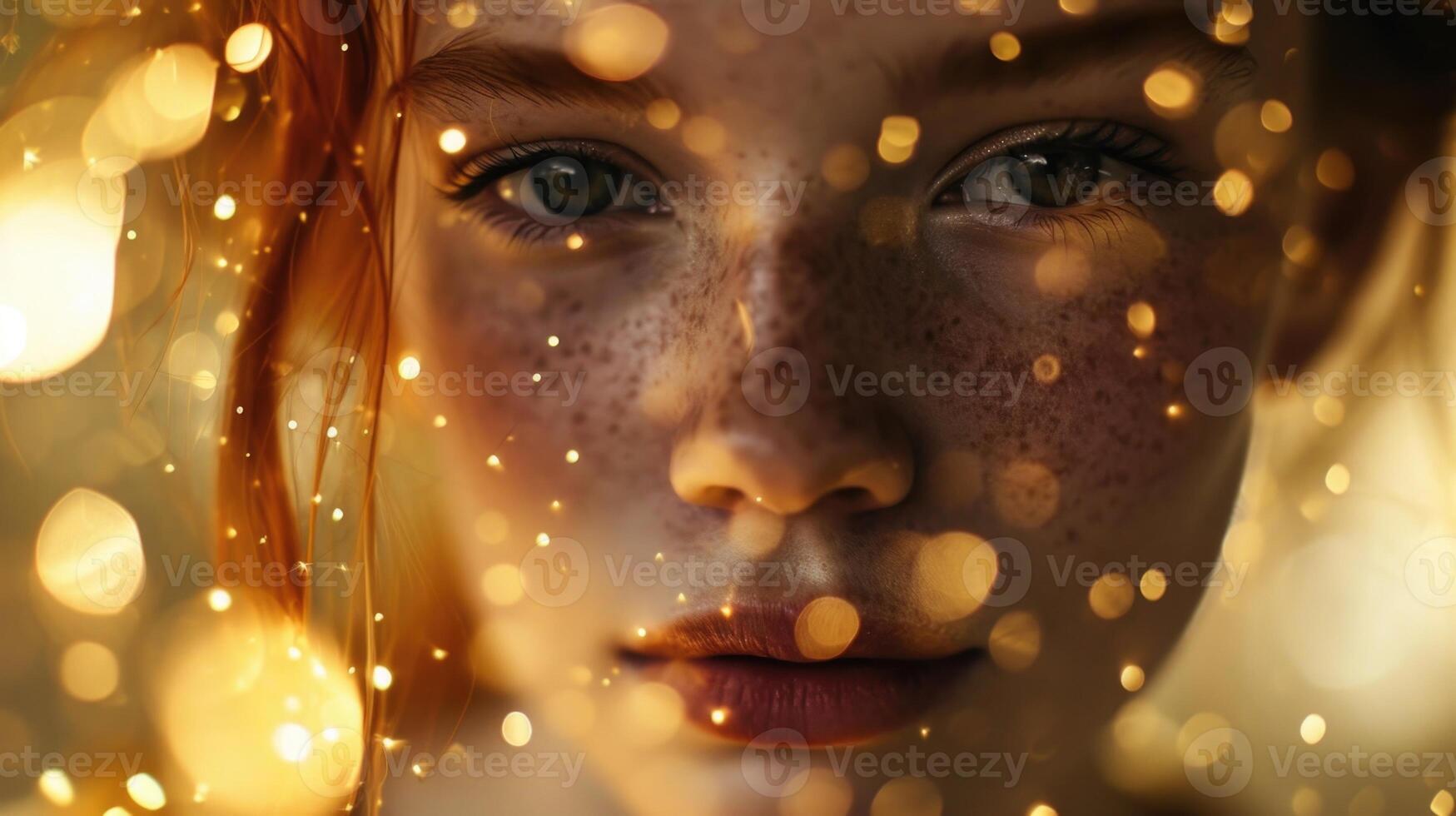 Delicate golden flecks dance around her face, highlighting her rosy and illuminating her features. photo