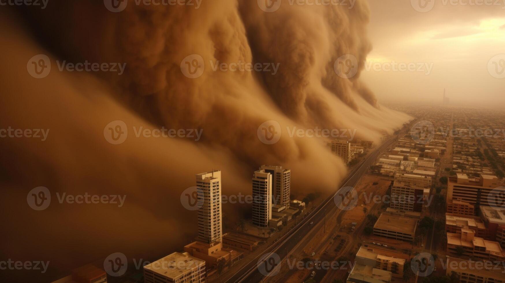 As if viewed through a dark lens, a powerful sandstorm blankets a desert city in a sinister birds eye view, a testament to the raw fury of nature. photo