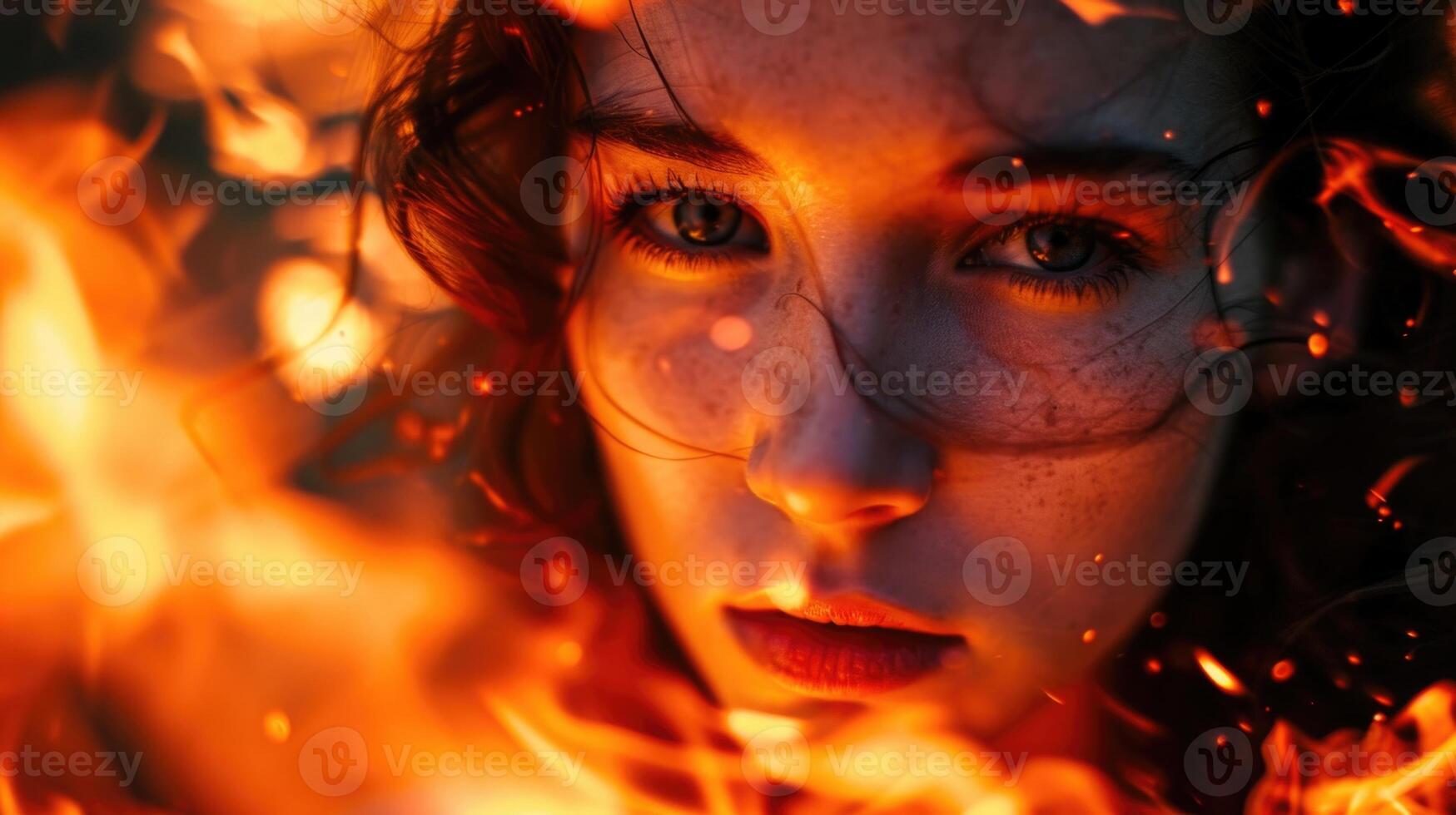 The firelight brings out the fiery passion in her eyes, as she gazes directly into the camera, surrounded by the dancing flames. photo