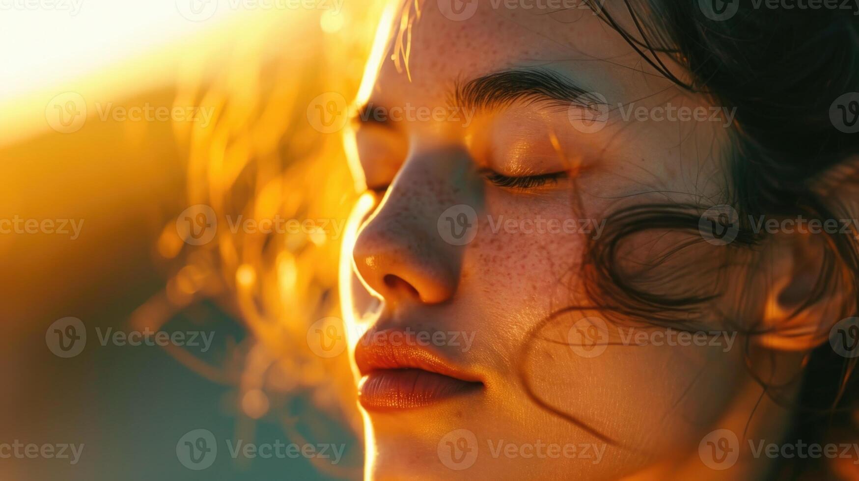 A portrait of a woman with her eyes closed and her lips parted, her skin glowing with a soft golden light from the imaginary wind. photo