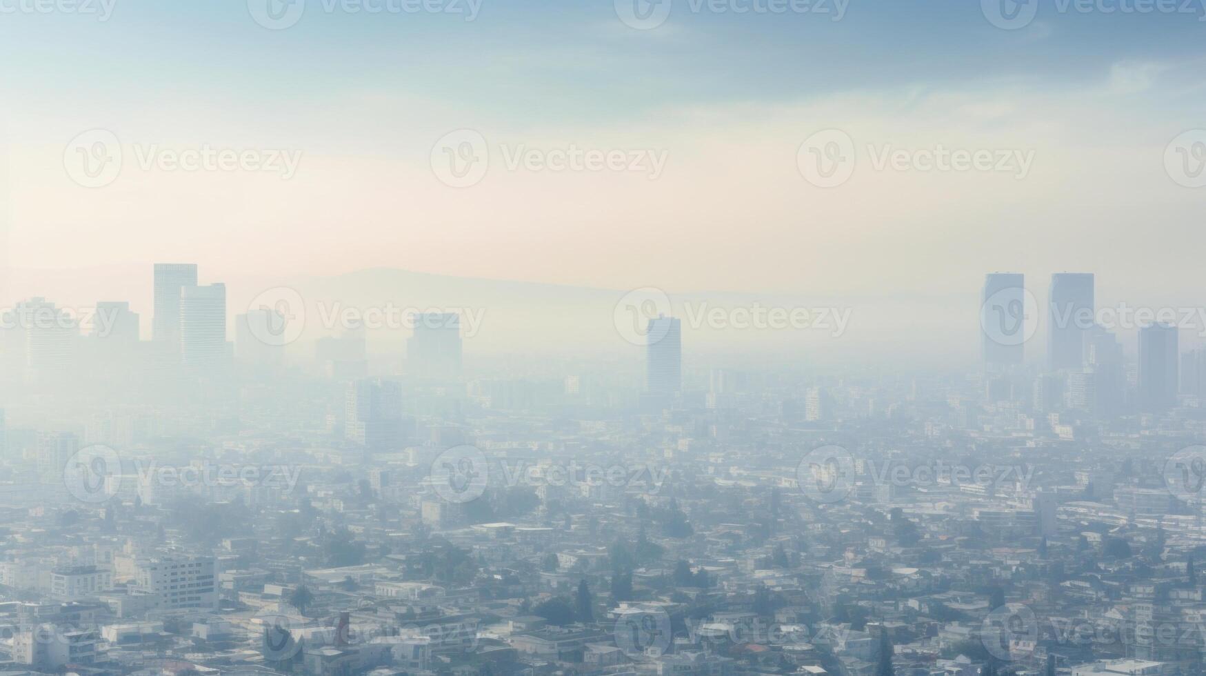 This aerial view captures the extent of the thick smog that looms over the urban landscape. photo
